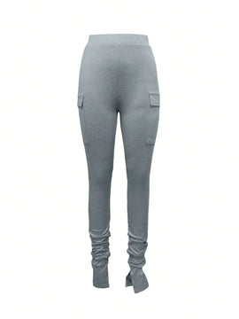 SXY Pantalones casuales de cintura alta con ajuste ajustado y pliegues con diseno de abertura en el dobladillo para mujeres