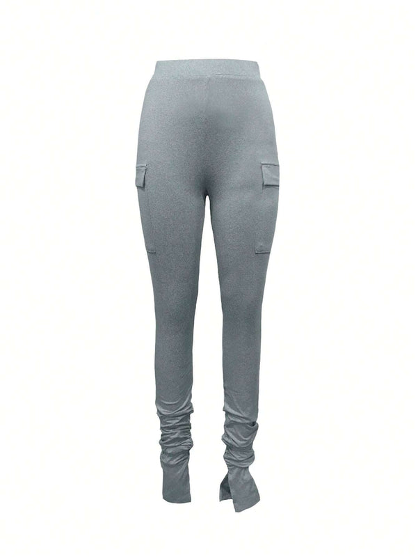 SXY Pantalones casuales de cintura alta con ajuste ajustado y pliegues con diseno de abertura en el dobladillo para mujeres