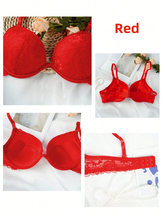 2 piezas de sujetadores con aros de encaje floral rojo/albaricoque con efecto push-up para mujer, ropa interior femenina con cierre trasero para busto/pecho pequeno, lenceria sexy y de unicolor para pechos pequenos, sosten de apoyo con tirantes