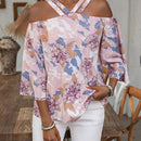 LUNE Blusa Casual de Estilo Vacacional con Estampado Floral, Hombros Descubiertos y Mangas con Volantes para Primavera/Verano