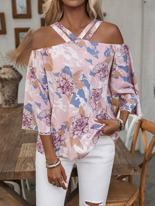 LUNE Blusa Casual de Estilo Vacacional con Estampado Floral, Hombros Descubiertos y Mangas con Volantes para Primavera/Verano