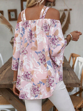 LUNE Blusa Casual de Estilo Vacacional con Estampado Floral, Hombros Descubiertos y Mangas con Volantes para Primavera/Verano