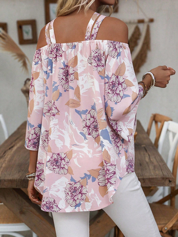 LUNE Blusa Casual de Estilo Vacacional con Estampado Floral, Hombros Descubiertos y Mangas con Volantes para Primavera/Verano