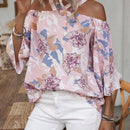 LUNE Blusa Casual de Estilo Vacacional con Estampado Floral, Hombros Descubiertos y Mangas con Volantes para Primavera/Verano
