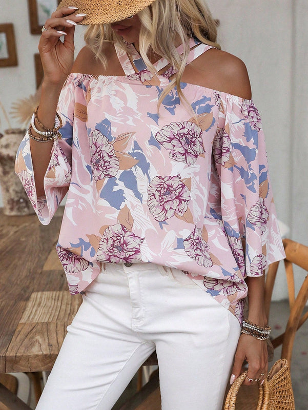 LUNE Blusa Casual de Estilo Vacacional con Estampado Floral, Hombros Descubiertos y Mangas con Volantes para Primavera/Verano