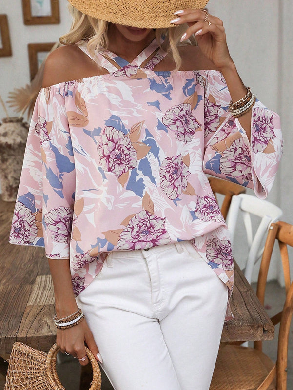 LUNE Blusa Casual de Estilo Vacacional con Estampado Floral, Hombros Descubiertos y Mangas con Volantes para Primavera/Verano