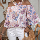 LUNE Blusa Casual de Estilo Vacacional con Estampado Floral, Hombros Descubiertos y Mangas con Volantes para Primavera/Verano