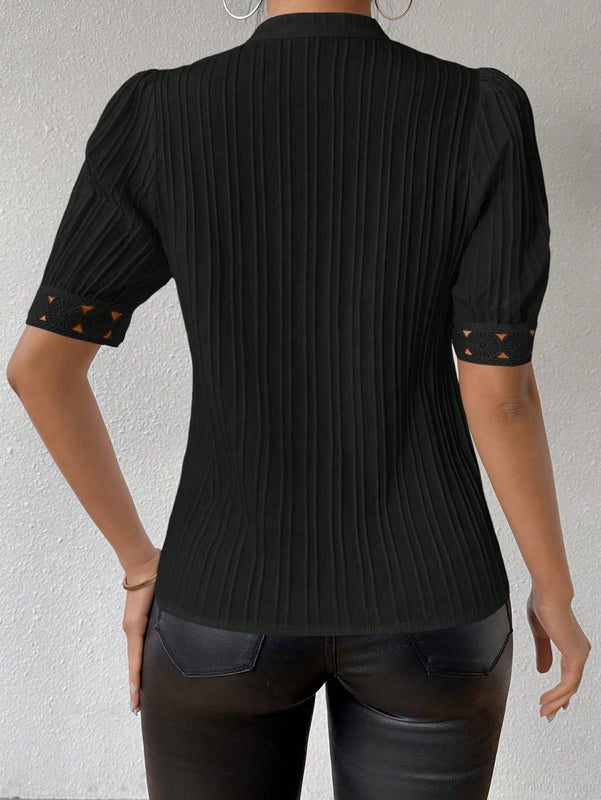 Frenchy Blusa casual de verano con mangas de burbuja huecas de encaje floral y color puro