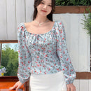DAZY Camisa de manga larga con estampado floral y volante en el pecho para mujer
