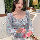 DAZY Camisa de manga larga con estampado floral y volante en el pecho para mujer