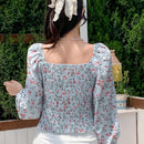 DAZY Camisa de manga larga con estampado floral y volante en el pecho para mujer