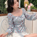 DAZY Camisa de manga larga con estampado floral y volante en el pecho para mujer