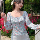DAZY Camisa de manga larga con estampado floral y volante en el pecho para mujer