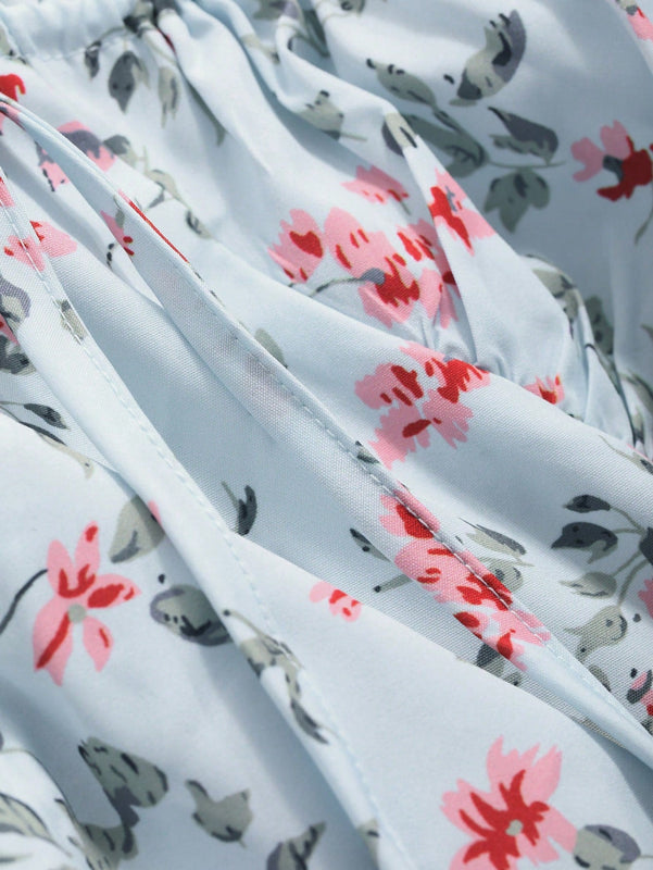 DAZY Camisa de manga larga con estampado floral y volante en el pecho para mujer