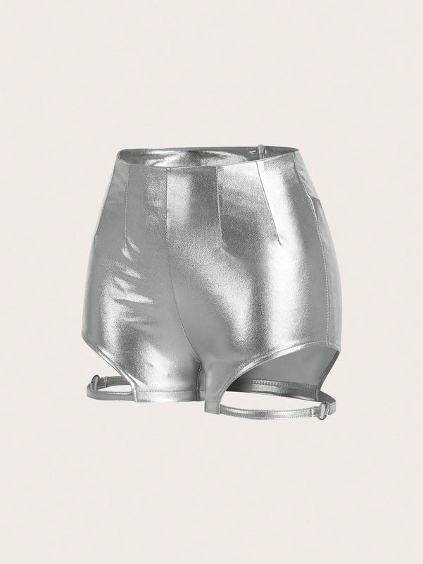 ICON Shorts de mujer plateados recortados con estilo para un look moderno