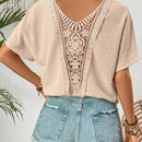 Blusa elegante para mujer con cuello en V de encaje contrastante para vacaciones