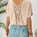 Blusa elegante para mujer con cuello en V de encaje contrastante para vacaciones