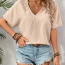 Blusa elegante para mujer con cuello en V de encaje contrastante para vacaciones