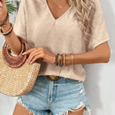 Blusa elegante para mujer con cuello en V de encaje contrastante para vacaciones