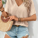Blusa elegante para mujer con cuello en V de encaje contrastante para vacaciones