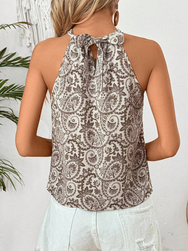 Camisa holgada de verano para mujer con estampado de plantas y cuello al descubierto