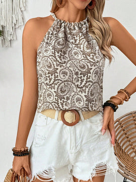 VCAY Camisa holgada de verano para mujer con estampado de plantas y cuello al descubierto