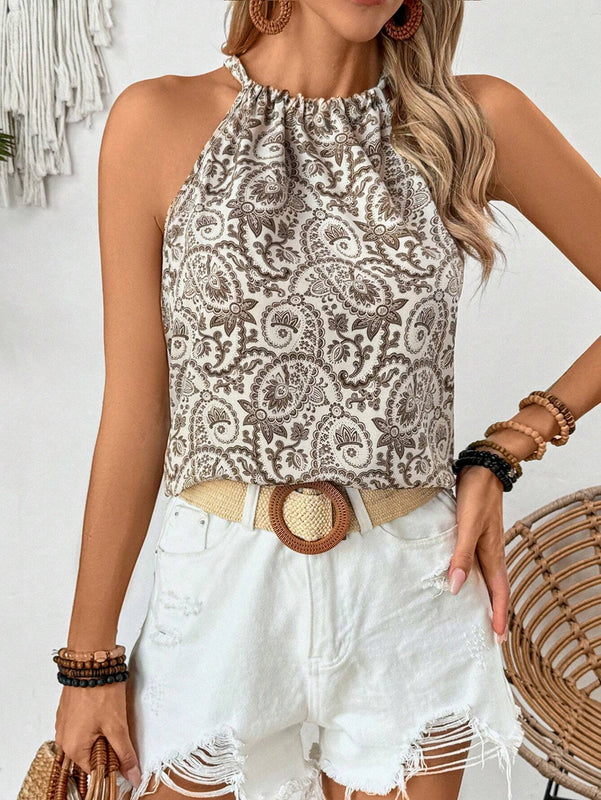 Camisa holgada de verano para mujer con estampado de plantas y cuello al descubierto