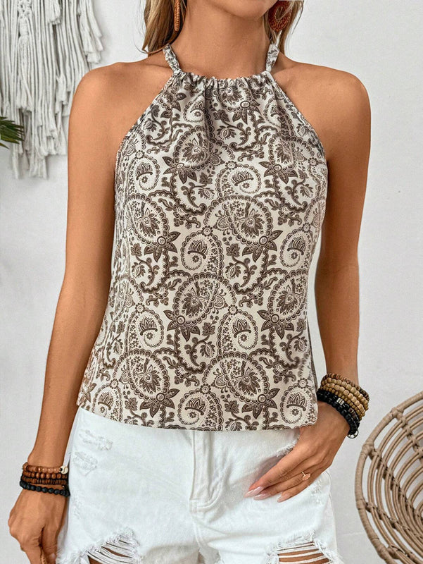 Camisa holgada de verano para mujer con estampado de plantas y cuello al descubierto