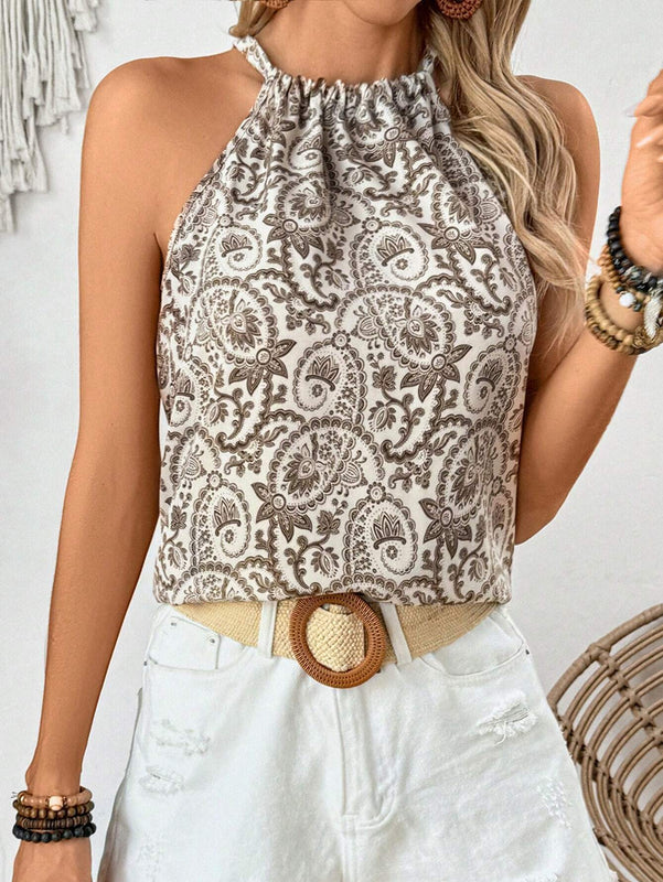 Camisa holgada de verano para mujer con estampado de plantas y cuello al descubierto
