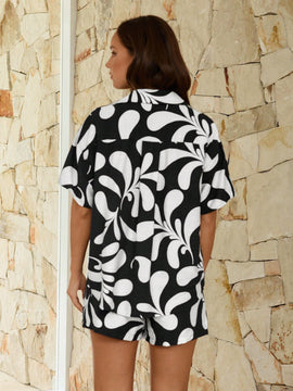 VCAY Camisa de mujer elegante y con estilo para vacaciones impresa en negro y blanco
