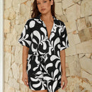 VCAY Camisa de mujer elegante y con estilo para vacaciones impresa en negro y blanco