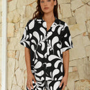 VCAY Camisa de mujer elegante y con estilo para vacaciones impresa en negro y blanco