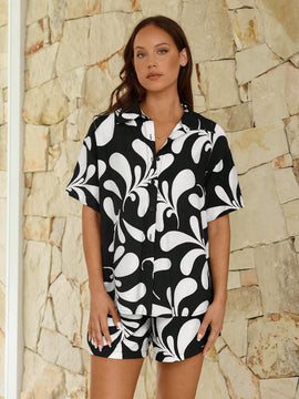 VCAY Camisa de mujer elegante y con estilo para vacaciones impresa en negro y blanco