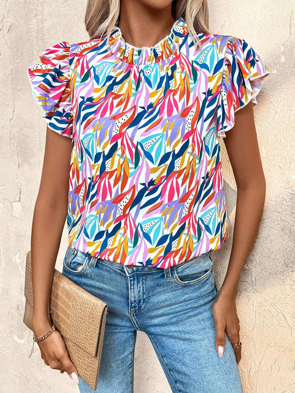 Blusa de estilo vacacional para mujeres con estampado abstracto de plantas y ribete de volantes