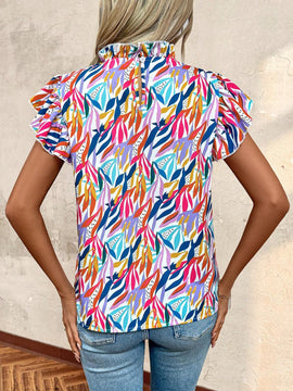 Blusa de estilo vacacional para mujeres con estampado abstracto de plantas y ribete de volantes