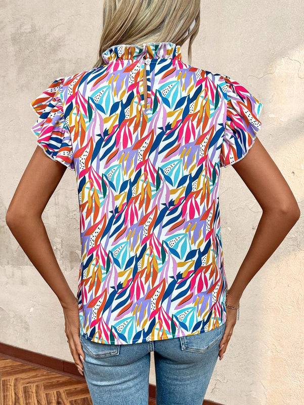Blusa de estilo vacacional para mujeres con estampado abstracto de plantas y ribete de volantes