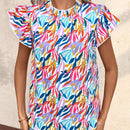 Blusa de estilo vacacional para mujeres con estampado abstracto de plantas y ribete de volantes