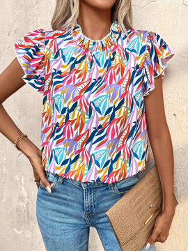 Blusa de estilo vacacional para mujeres con estampado abstracto de plantas y ribete de volantes