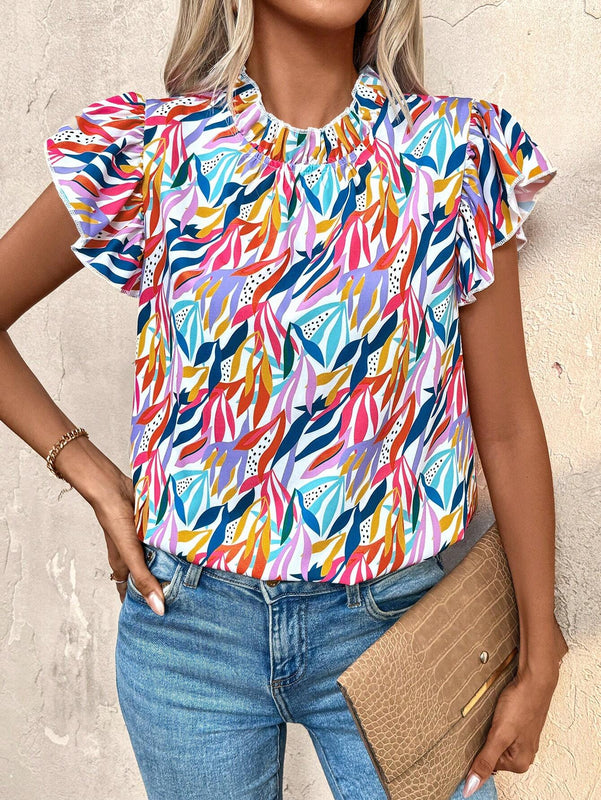 Blusa de estilo vacacional para mujeres con estampado abstracto de plantas y ribete de volantes