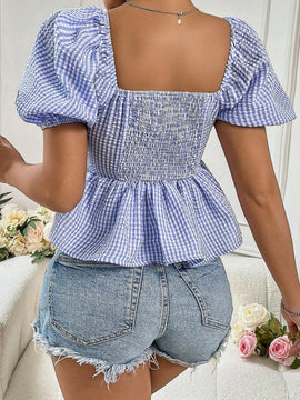 WYWH Camisa de cuadros para mujeres con botones, cuello de corazon y mangas con burbuja impresas en cuadricula