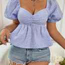 WYWH Camisa de cuadros para mujeres con botones, cuello de corazon y mangas con burbuja impresas en cuadricula
