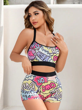 Eraneu Conjunto de 2 piezas de sujetador inalambrico y top deportivo de seda de leche para mujeres con estampado