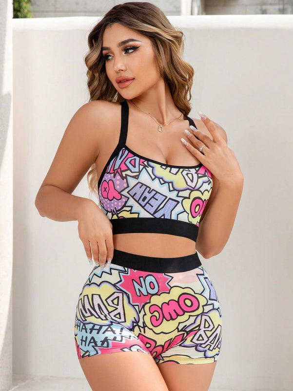Eraneu Conjunto de 2 piezas de sujetador inalambrico y top deportivo de seda de leche para mujeres con estampado