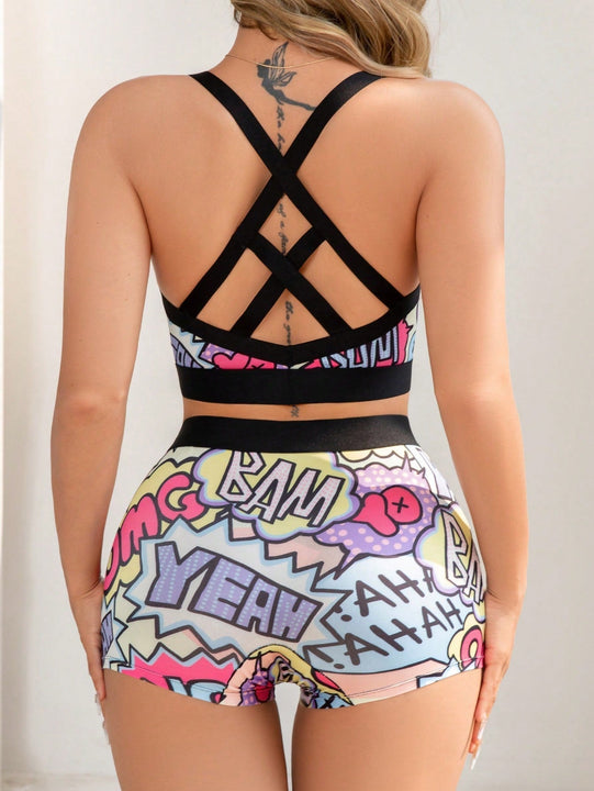 Eraneu Conjunto de 2 piezas de sujetador inalambrico y top deportivo de seda de leche para mujeres con estampado