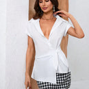 BIZwear Camisa de manga corta para mujer elegante y sencilla para el trabajo con diseno de lazo asimetrico en la cintura y cuello con solapa, cierre frontal con botones
