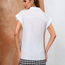 BIZwear Camisa de manga corta para mujer elegante y sencilla para el trabajo con diseno de lazo asimetrico en la cintura y cuello con solapa, cierre frontal con botones