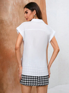 BIZwear Camisa de manga corta para mujer elegante y sencilla para el trabajo con diseno de lazo asimetrico en la cintura y cuello con solapa, cierre frontal con botones