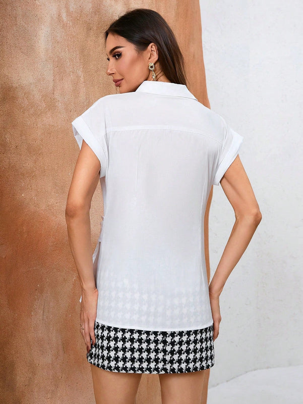 BIZwear Camisa de manga corta para mujer elegante y sencilla para el trabajo con diseno de lazo asimetrico en la cintura y cuello con solapa, cierre frontal con botones