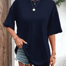 Camiseta casual de manga corta con cuello redondo y unicolor simple para mujer