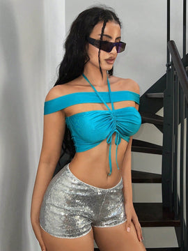 Camiseta corta de verano con pliegues seys para mujeres, con cuello de halter, hombros descubiertos, botones y mangas cortas